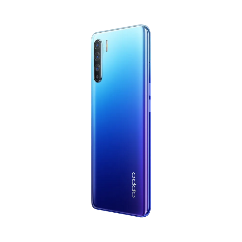 Smartphone Oppo Reno 3 5G en vue arrière couleur bleu-violet dégradé, quadruple module photo vertical en haut à gauche. Photo iTelier Lyon pour réparation vitre arrière, batterie et diagnostic gratuit avec garantie.