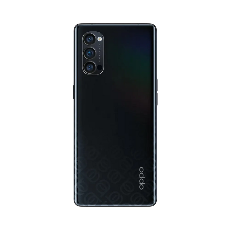 Smartphone Oppo Reno 4 Pro 5G en vue arrière couleur noire, triple module photo vertical en haut à gauche. Photo iTelier Lyon pour réparation vitre arrière, batterie et diagnostic gratuit avec garantie.