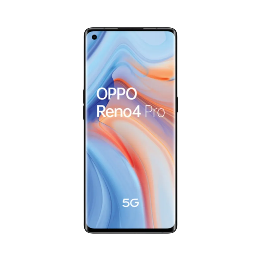 Oppo Reno 4 Pro 5G affiché en vue frontale avec écran allumé sur fond dégradé bleu et orange. Illustration iTelier Lyon pour réparation écran cassé, vitre tactile, diagnostic offert et service rapide garanti.