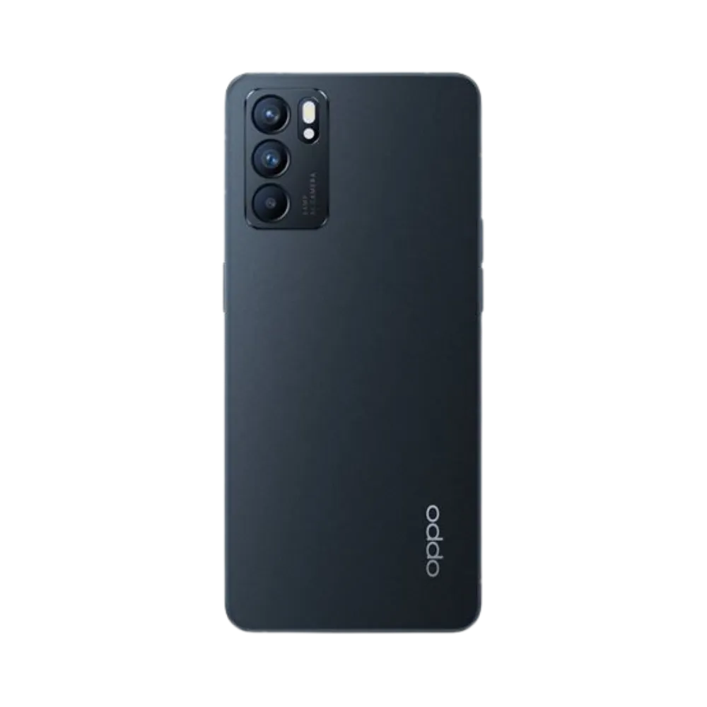 Smartphone Oppo Reno 6 5G en vue arrière couleur noire, triple module photo vertical en haut à gauche. Photo iTelier Lyon pour réparation vitre arrière, batterie et diagnostic gratuit avec garantie.