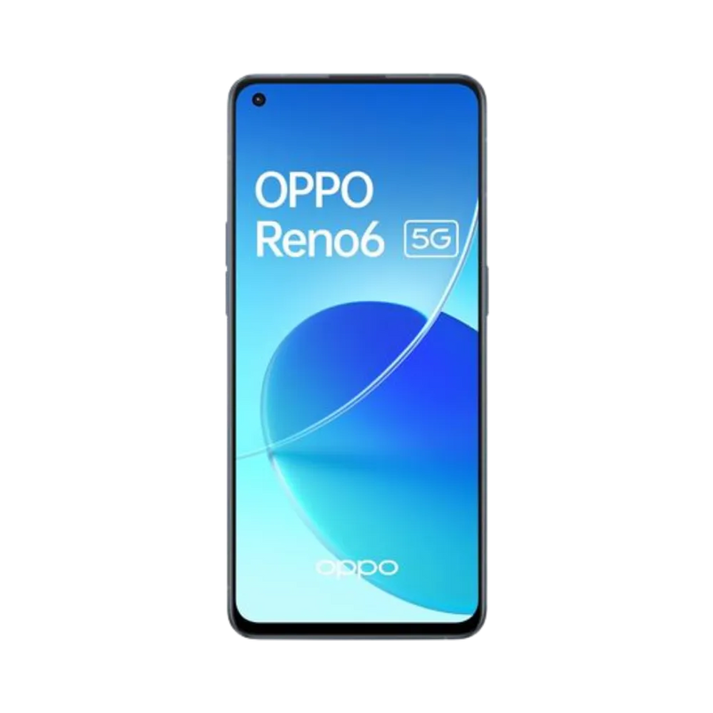 Oppo Reno 6 5G affiché en vue frontale avec écran allumé sur fond bleu dégradé lumineux. Illustration iTelier Lyon pour réparation écran cassé, vitre tactile, diagnostic offert et service rapide garanti.