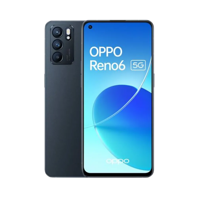 Photo Oppo Reno 6 5G en vue avant avec écran allumé et arrière noir visible, angle trois quarts. Image optimisée iTelier Lyon pour réparation écran AMOLED, batterie, diagnostic gratuit et pièces garanties.