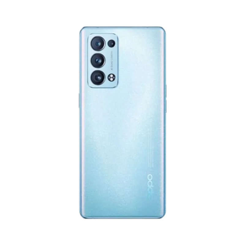 Smartphone Oppo Reno 6 Pro 5G en vue arrière couleur bleu clair, quadruple module photo vertical en haut à gauche. Photo iTelier Lyon pour réparation vitre arrière, batterie et diagnostic gratuit avec garantie.