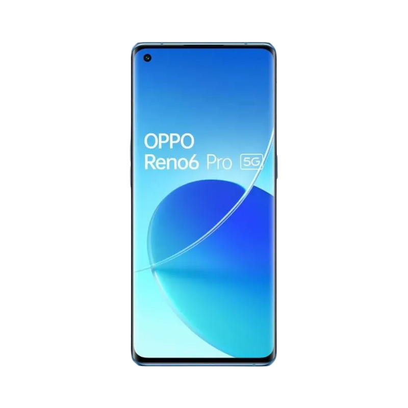 Oppo Reno 6 Pro 5G affiché en vue frontale avec écran allumé sur fond bleu dégradé lumineux. Illustration iTelier Lyon pour réparation écran cassé, vitre tactile, diagnostic offert et service rapide garanti.