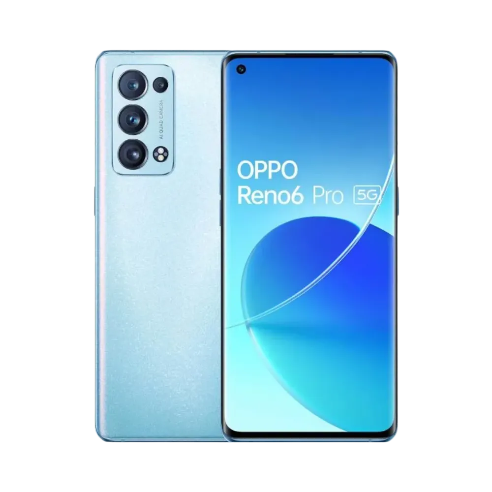 Photo Oppo Reno 6 Pro 5G en vue avant avec écran allumé et arrière bleu clair visible, angle trois quarts. Image optimisée iTelier Lyon pour réparation écran AMOLED, batterie, diagnostic gratuit et pièces garanties.