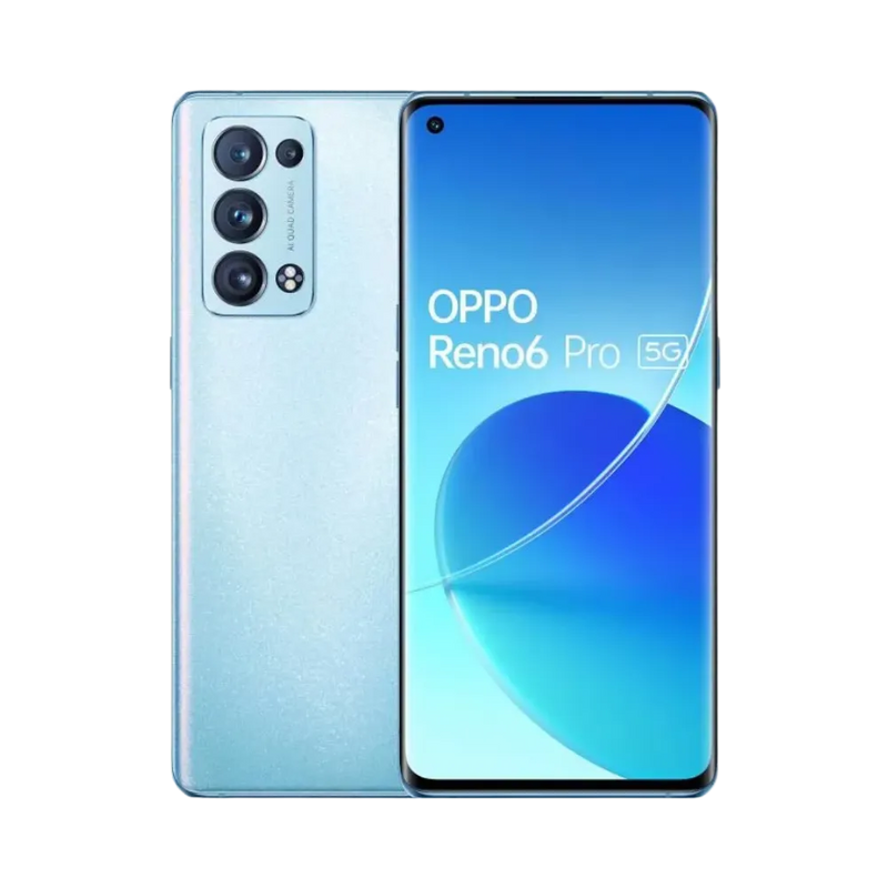 Photo Oppo Reno 6 Pro 5G en vue avant avec écran allumé et arrière bleu clair visible, angle trois quarts. Image optimisée iTelier Lyon pour réparation écran AMOLED, batterie, diagnostic gratuit et pièces garanties.