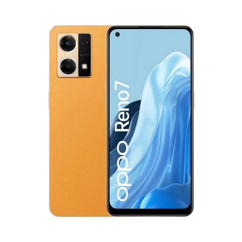 Photo Oppo Reno 7 4G en vue avant avec écran allumé et arrière orange visible, angle trois quarts. Image optimisée iTelier Lyon pour réparation écran AMOLED, batterie, diagnostic gratuit et pièces garanties.
