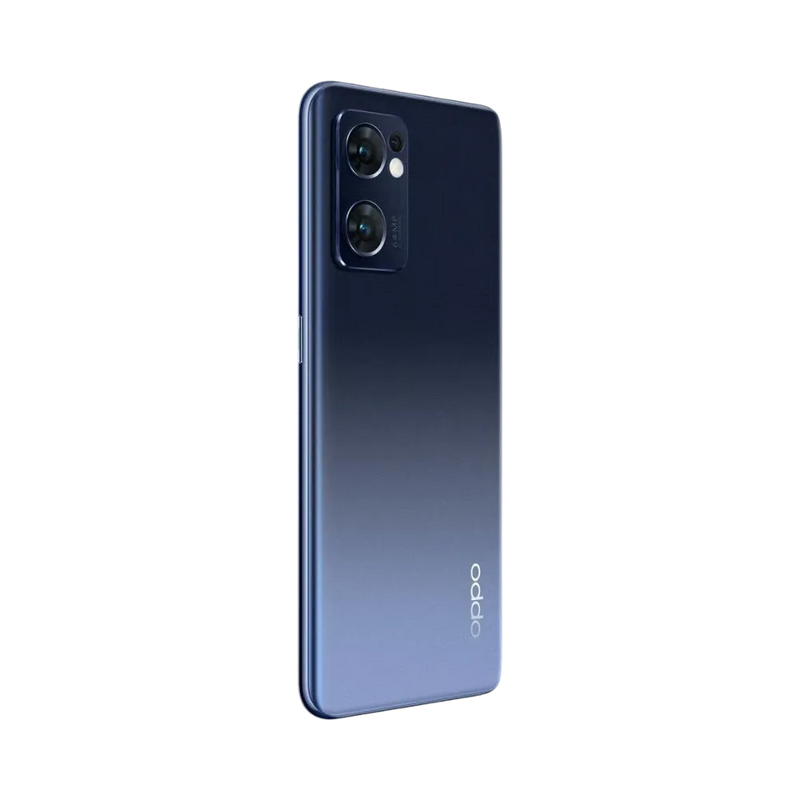 Smartphone Oppo Reno 7 5G en vue arrière couleur bleu foncé dégradé, double module photo rond et flash alignés en haut à gauche. Photo iTelier Lyon pour réparation vitre arrière, batterie et diagnostic gratuit.