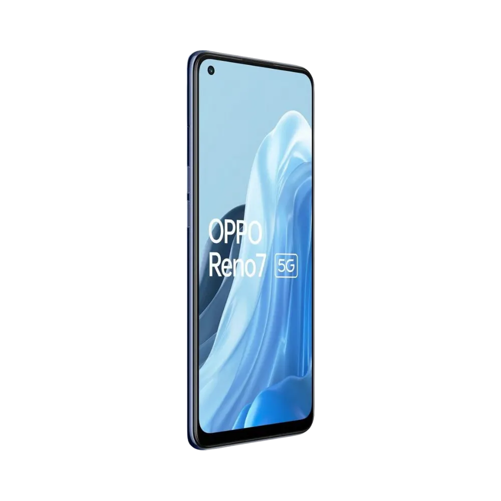 Oppo Reno 7 5G affiché en vue frontale avec écran allumé sur fond bleu océan stylisé. Illustration iTelier Lyon pour réparation écran cassé, vitre tactile, diagnostic offert et service rapide garanti.
