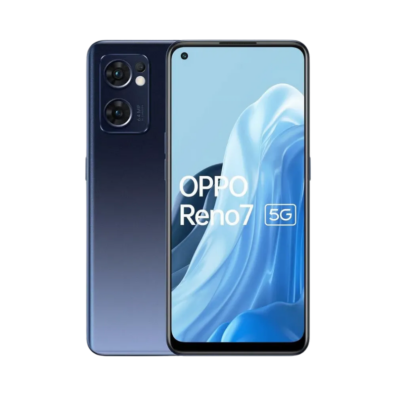 Photo Oppo Reno 7 5G en vue avant avec écran allumé et arrière bleu dégradé visible, angle trois quarts. Image optimisée iTelier Lyon pour réparation écran AMOLED, batterie, diagnostic gratuit et pièces garanties.