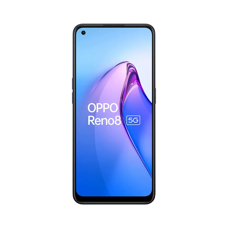Oppo Reno 8 5G affiché en vue frontale avec écran allumé sur fond violet et bleu. Illustration iTelier Lyon pour réparation écran cassé, vitre tactile, diagnostic offert et service rapide garanti.