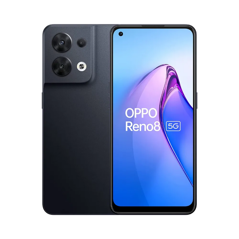 Photo Oppo Reno 8 5G en vue avant avec écran allumé et arrière noir visible, angle trois quarts. Image optimisée iTelier Lyon pour réparation écran AMOLED, batterie, diagnostic gratuit et pièces garanties.