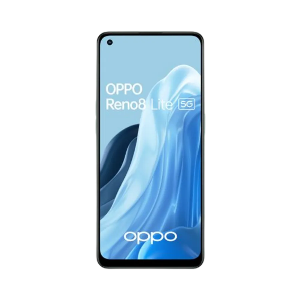 Oppo Reno 8 Lite 5G affiché en vue frontale avec écran allumé sur fond bleu océan. Illustration iTelier Lyon pour réparation écran cassé, vitre tactile, diagnostic offert et service rapide garanti.