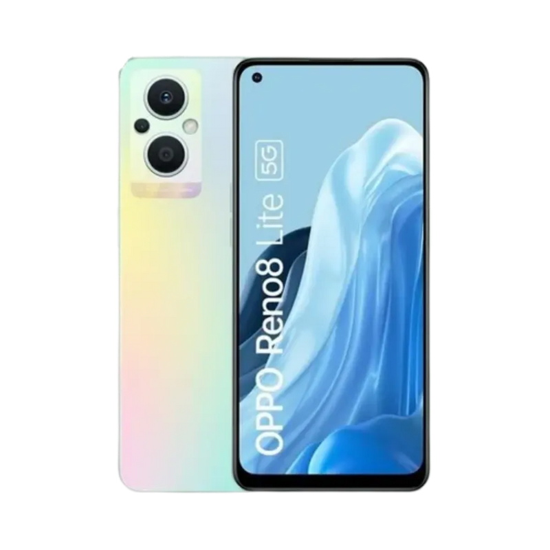 Photo Oppo Reno 8 Lite 5G en vue avant avec écran allumé et arrière dégradé nacré visible, angle trois quarts. Image optimisée iTelier Lyon pour réparation écran AMOLED, batterie, diagnostic gratuit et pièces garanties.