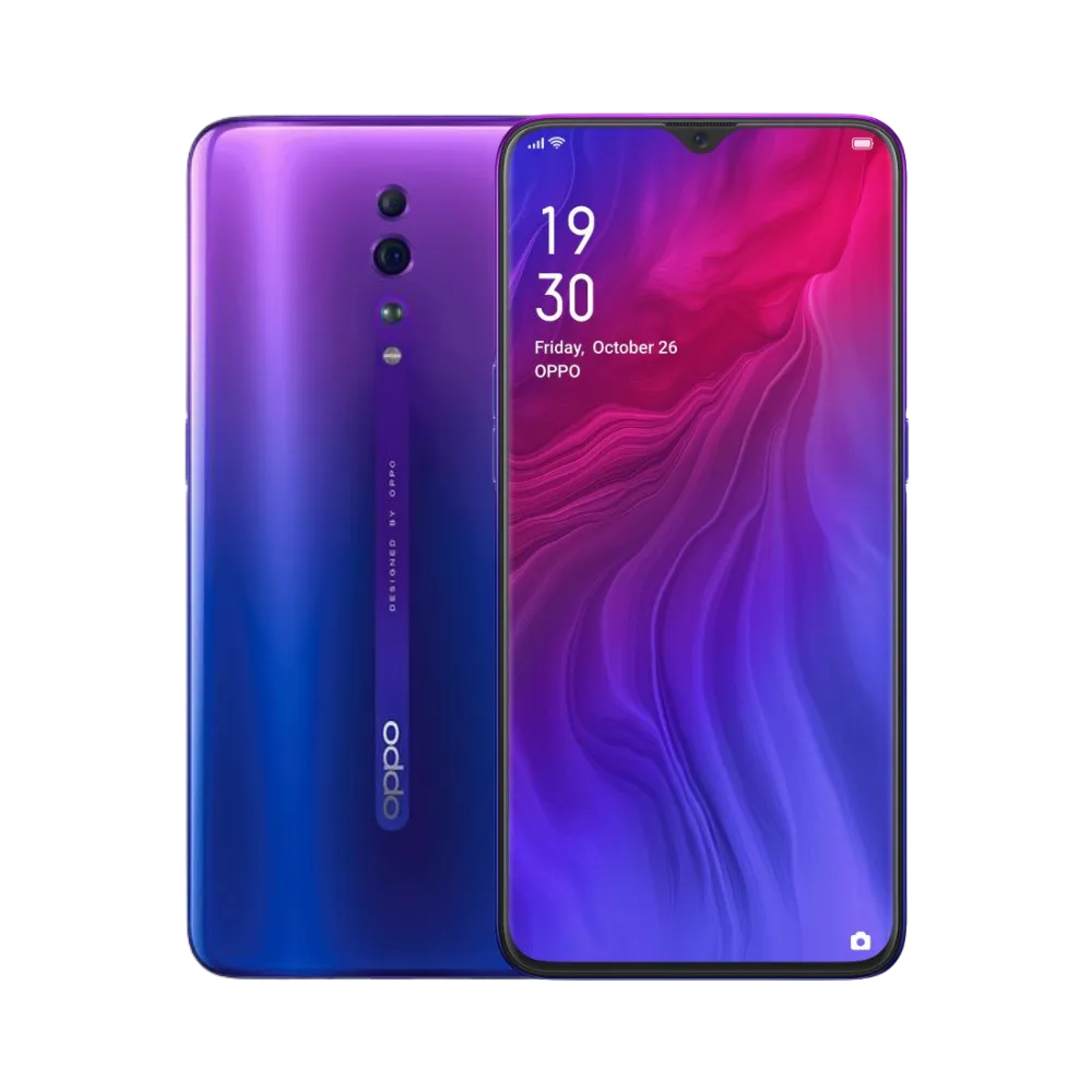 Photo Oppo Reno Z en vue avant avec écran allumé et arrière bleu-violet dégradé visible, angle trois quarts. Image optimisée iTelier Lyon pour réparation écran AMOLED, batterie, diagnostic gratuit et pièces garanties.
