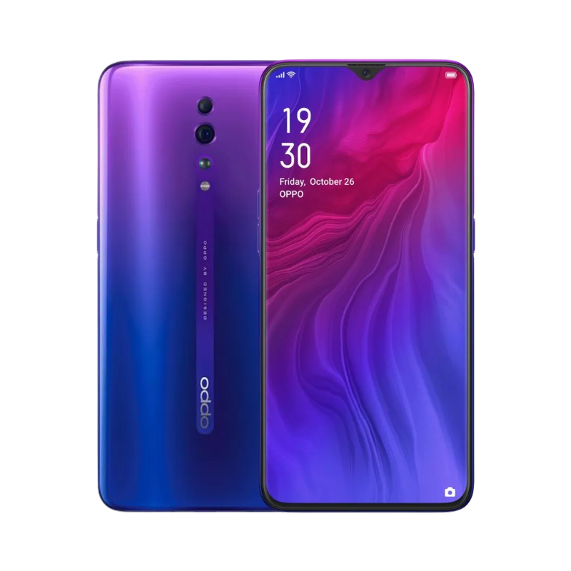 Photo Oppo Reno Z en vue avant avec écran allumé et arrière bleu-violet dégradé visible, angle trois quarts. Image optimisée iTelier Lyon pour réparation écran AMOLED, batterie, diagnostic gratuit et pièces garanties.