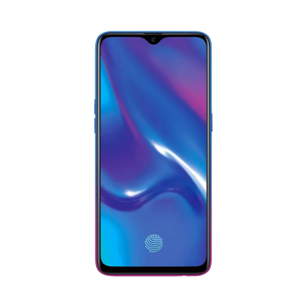 Oppo RX17 Neo affiché en vue frontale avec écran allumé sur fond violet et bleu brillant. Illustration iTelier Lyon pour réparation écran cassé, vitre tactile, diagnostic offert et service rapide garanti.