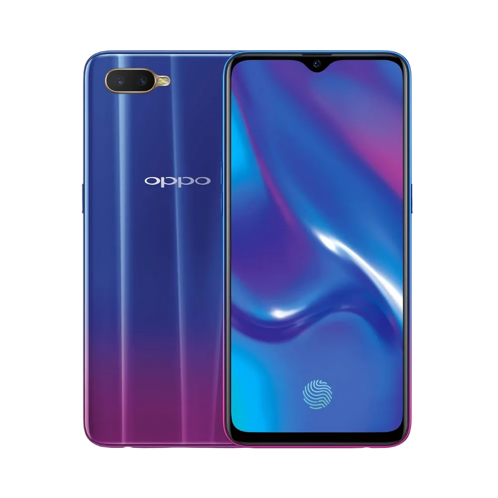 Photo Oppo RX17 Neo en vue avant avec écran allumé et arrière violet-bleu dégradé visible, angle trois quarts. Image optimisée iTelier Lyon pour réparation écran AMOLED, batterie, diagnostic gratuit et pièces garanties.