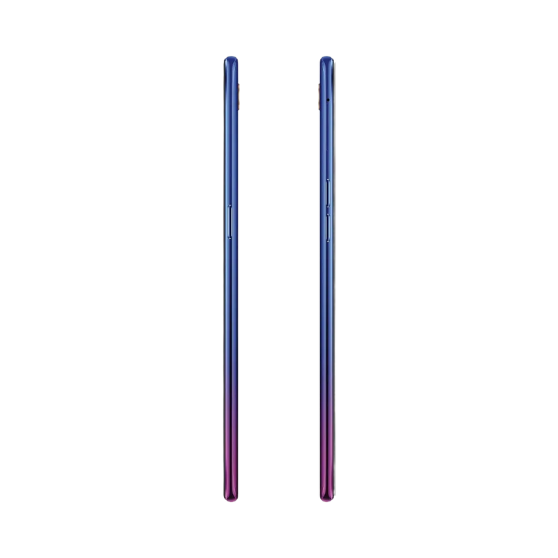 Oppo RX17 Neo présenté de profil gauche et droit, finesse du châssis violet-bleu et boutons latéraux visibles. Image optimisée iTelier Lyon pour réparation boutons, connecteur et diagnostic gratuit.