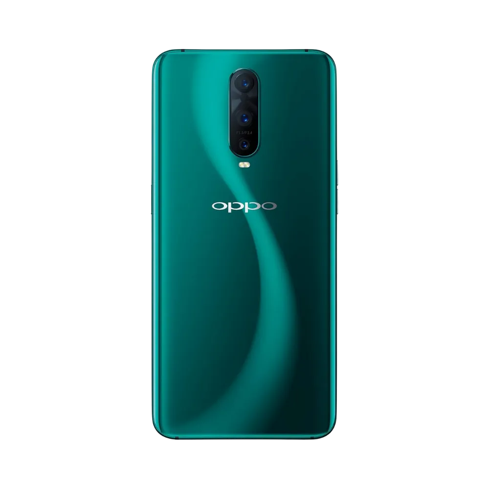 Smartphone Oppo RX17 Pro en vue arrière couleur vert émeraude, triple module photo vertical centré avec flash. Photo iTelier Lyon pour réparation vitre arrière, batterie et diagnostic gratuit avec garantie.