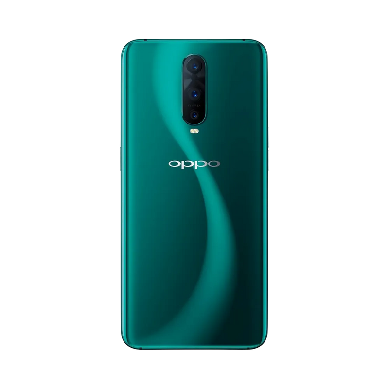 Smartphone Oppo RX17 Pro en vue arrière couleur vert émeraude, triple module photo vertical centré avec flash. Photo iTelier Lyon pour réparation vitre arrière, batterie et diagnostic gratuit avec garantie.