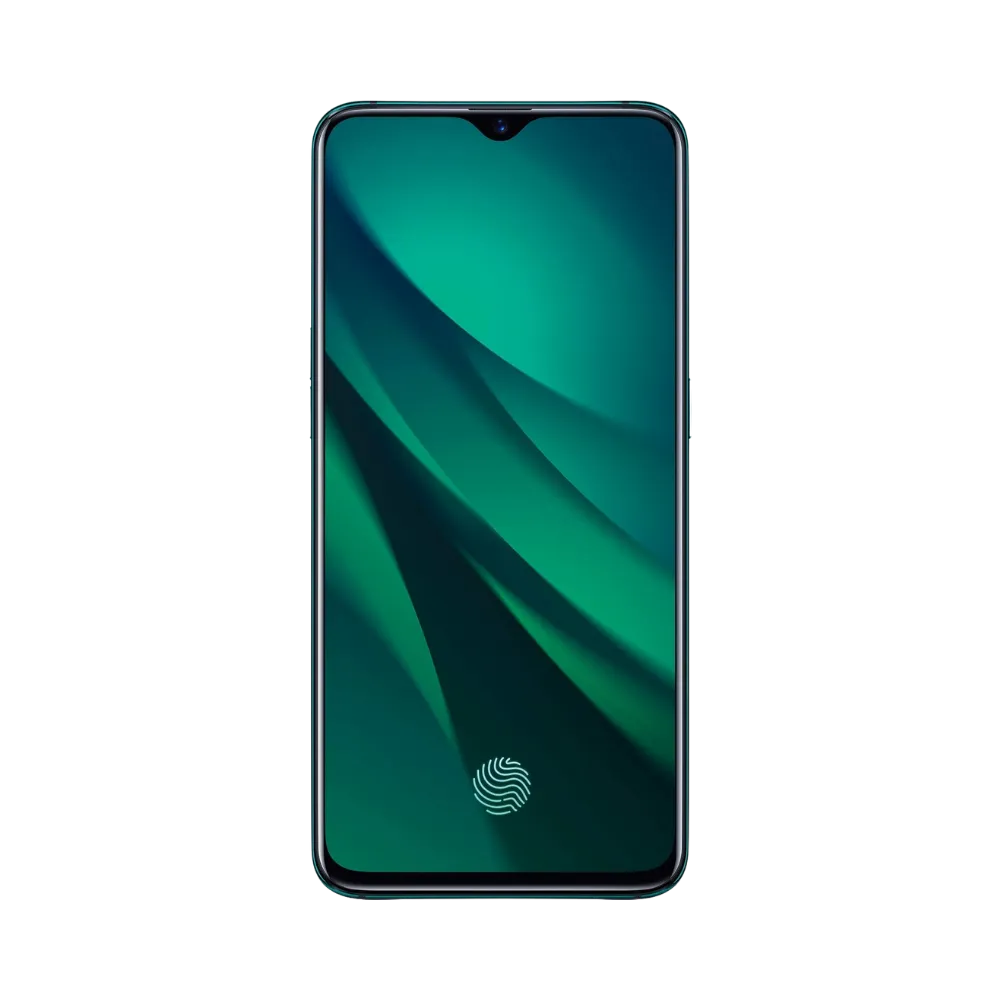 Oppo RX17 Pro affiché en vue frontale avec écran allumé sur fond vert stylisé. Illustration iTelier Lyon pour réparation écran cassé, vitre tactile, diagnostic offert et service rapide garanti.