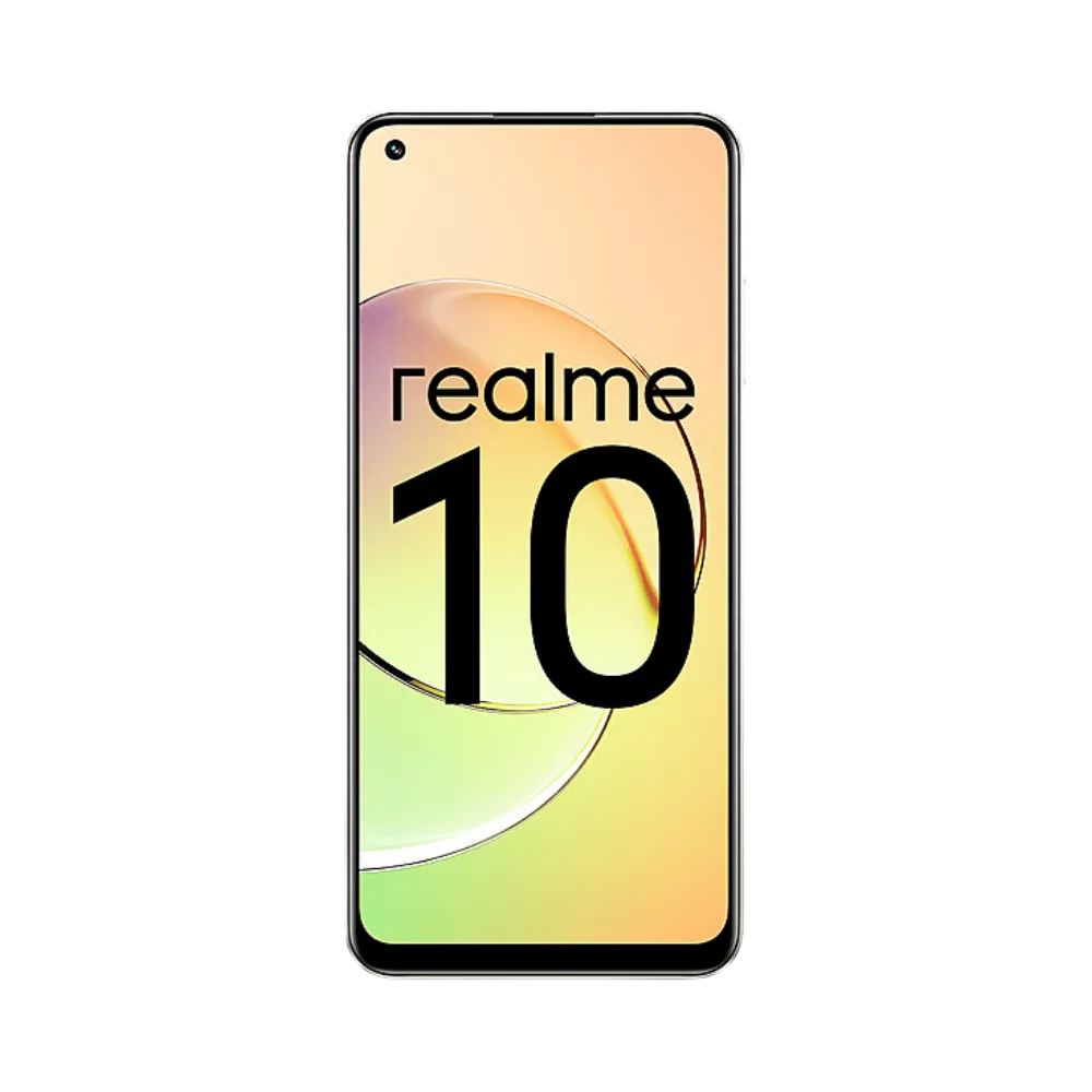 Réparation Realme 10 4G iTelier Lyon – téléphone présenté de face en position verticale, écran allumé avec fond jaune et vert marqué Realme 10, idéal pour réparation écran, diagnostic offert et changement batterie rapide.