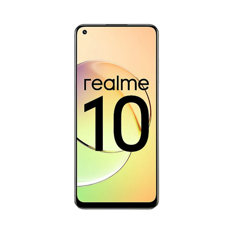 Réparation Realme 10 4G iTelier Lyon – téléphone présenté de face en position verticale, écran allumé avec fond jaune et vert marqué Realme 10, idéal pour réparation écran, diagnostic offert et changement batterie rapide.