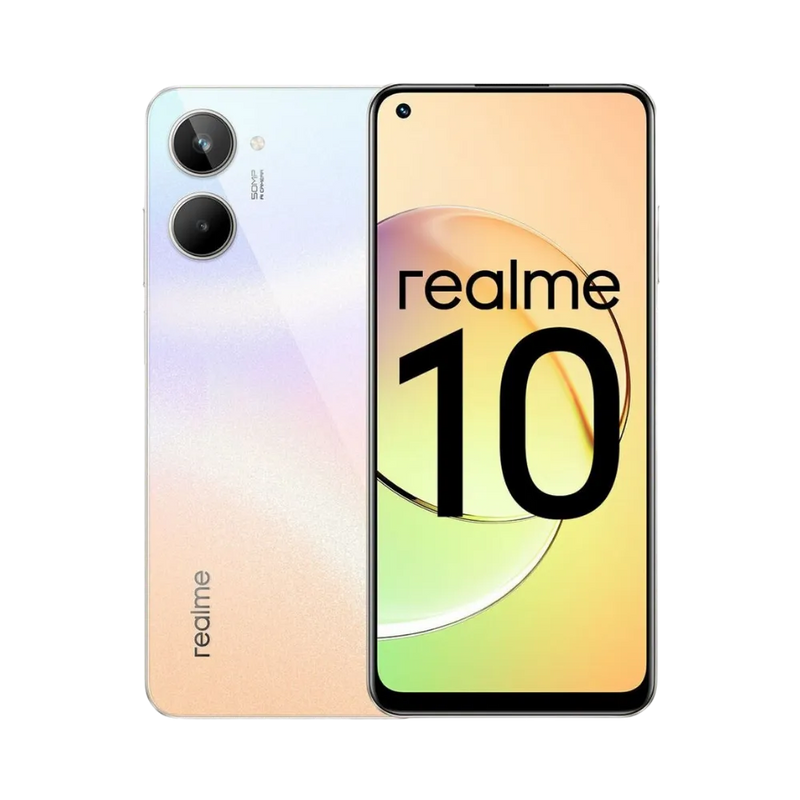 Réparation Realme 10 4G iTelier Lyon – smartphone affiché avec écran avant allumé en position verticale et dos nacré dégradé visible à gauche, optimisé pour remplacement écran, batterie et diagnostic gratuit en boutique.