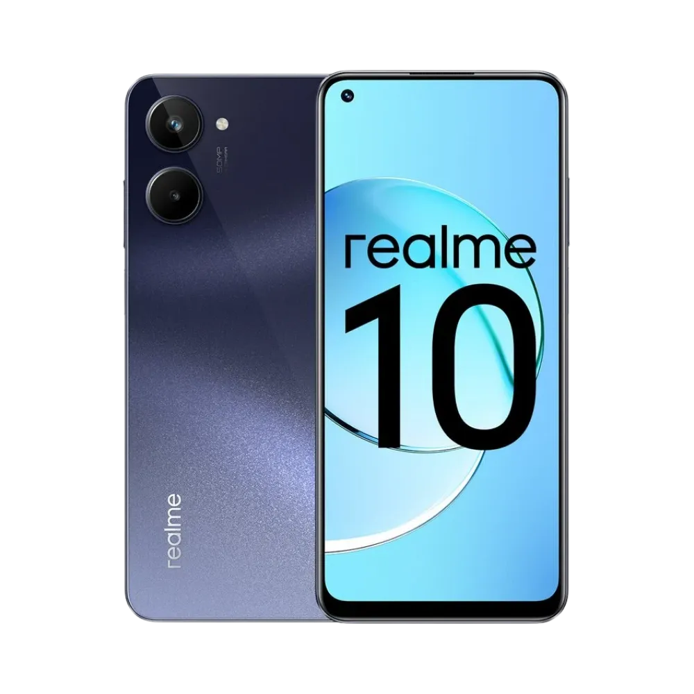 Réparation Realme 10 5G iTelier Lyon – smartphone affiché avec écran avant allumé en position verticale et dos bleu foncé dégradé visible à gauche, optimisé pour remplacement écran, batterie et diagnostic gratuit en boutique.