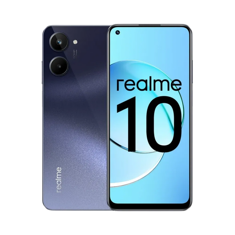 Réparation Realme 10 5G iTelier Lyon – smartphone affiché avec écran avant allumé en position verticale et dos bleu foncé dégradé visible à gauche, optimisé pour remplacement écran, batterie et diagnostic gratuit en boutique.