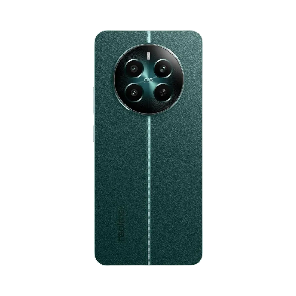 Réparation Realme 12+ 5G iTelier Lyon – smartphone montré de dos en position verticale, coloris vert foncé avec bande verticale claire et grand module photo circulaire, optimisé pour réparation vitre arrière, caméra et batterie.