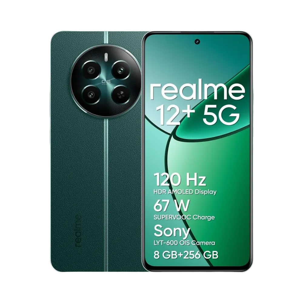 Réparation Realme 12+ 5G iTelier Lyon – smartphone affiché avec écran avant allumé en position verticale et dos vert foncé visible à gauche avec module photo circulaire, optimisé pour remplacement écran, batterie et diagnostic gratuit.