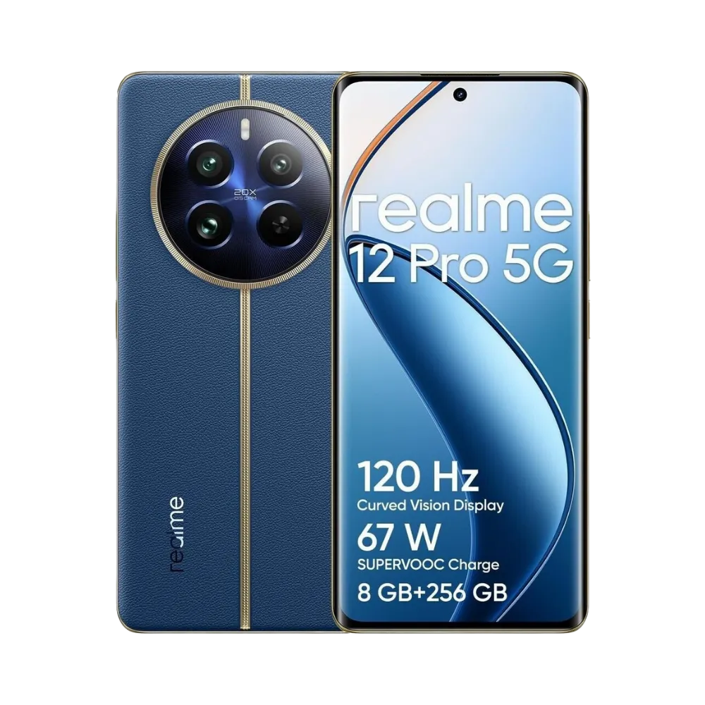 Réparation Realme 12 Pro 5G iTelier Lyon – smartphone affiché avec écran avant allumé en position verticale et dos bleu foncé visible à gauche avec module photo circulaire, optimisé pour remplacement écran, batterie et diagnostic gratuit.