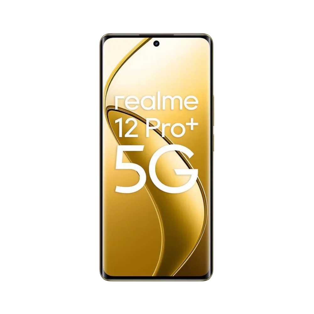 Réparation Realme 12 Pro+ 5G iTelier Lyon – téléphone présenté de face en position verticale, écran allumé avec fond doré et logo 5G, idéal pour réparation écran, diagnostic offert et changement batterie rapide.