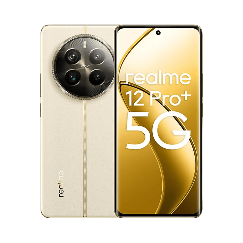 Réparation Realme 12 Pro+ 5G iTelier Lyon – smartphone affiché avec écran avant allumé en position verticale et dos doré visible à gauche avec module photo circulaire, optimisé pour remplacement écran, batterie et diagnostic gratuit.