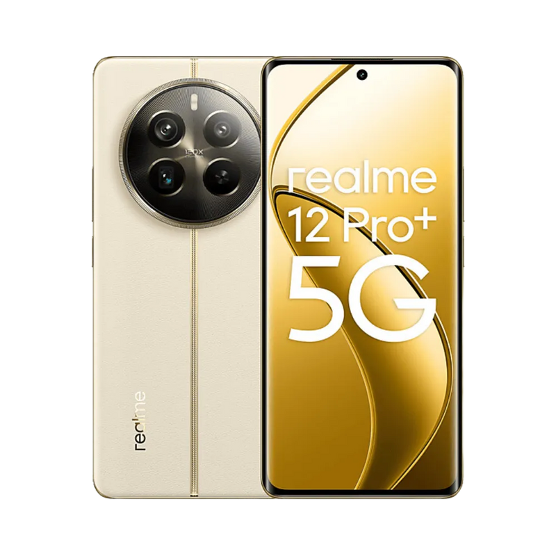 Réparation Realme 12 Pro+ 5G iTelier Lyon – smartphone affiché avec écran avant allumé en position verticale et dos doré visible à gauche avec module photo circulaire, optimisé pour remplacement écran, batterie et diagnostic gratuit.