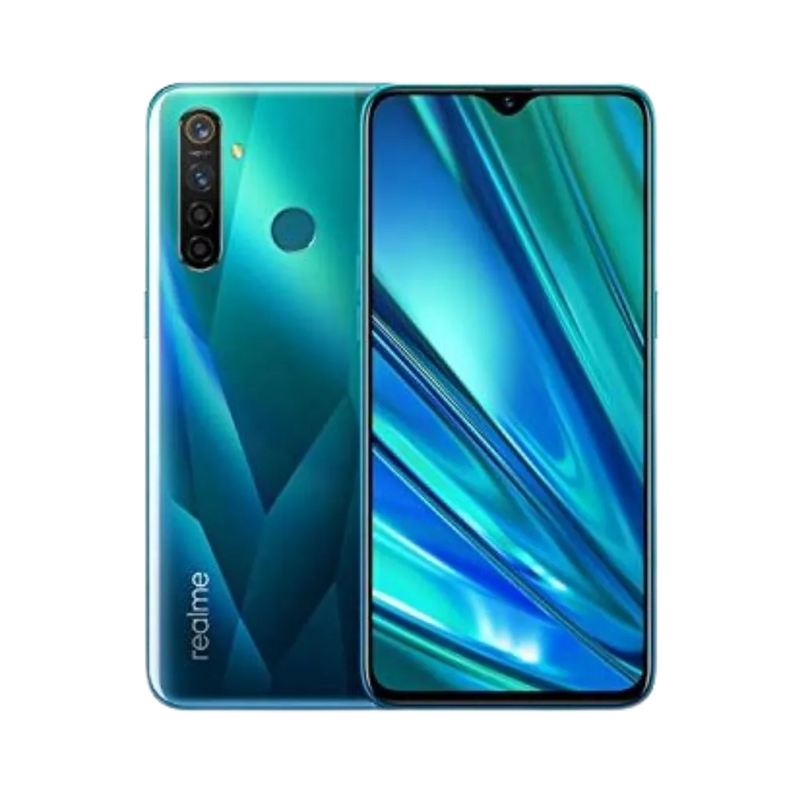 Réparation Realme 5 Pro iTelier Lyon – smartphone affiché avec écran avant allumé en position verticale et dos vert turquoise brillant visible à gauche, optimisé pour remplacement écran, batterie et diagnostic gratuit en boutique.