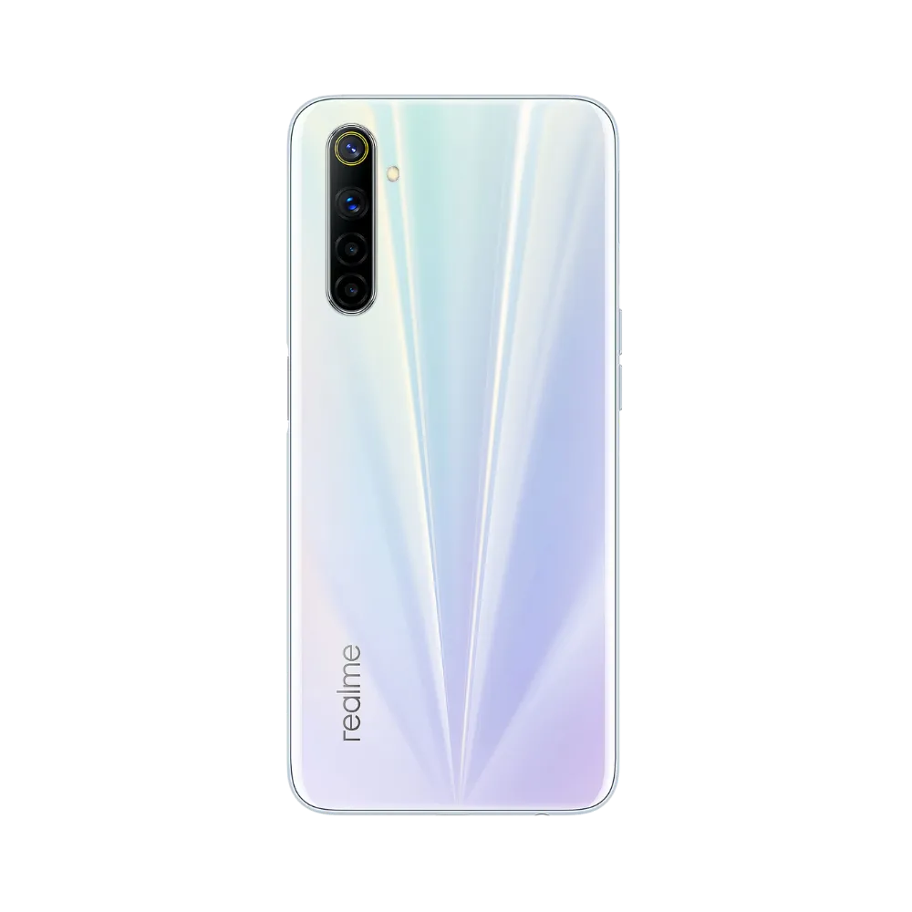 Réparation Realme 6 iTelier Lyon – smartphone montré de dos en position verticale, coloris blanc nacré avec module photo rectangulaire vertical, optimisé pour réparation vitre arrière, caméra et batterie.