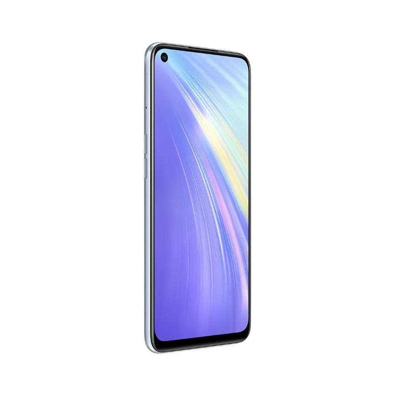 Réparation Realme 6 iTelier Lyon – téléphone présenté de face en position verticale, écran allumé avec fond violet et logo Realme 6, idéal pour réparation écran, diagnostic offert et changement batterie rapide.
