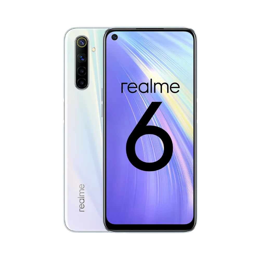 Réparation Realme 6 iTelier Lyon – smartphone affiché avec écran avant allumé en position verticale et dos blanc nacré visible à gauche, optimisé pour remplacement écran, batterie et diagnostic gratuit en boutique.