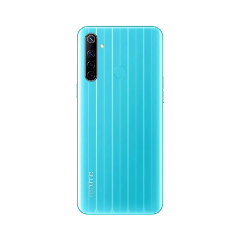 Réparation Realme 6i iTelier Lyon – smartphone montré de dos en position verticale, coloris bleu turquoise avec module photo rectangulaire vertical, optimisé pour réparation vitre arrière, caméra et batterie.