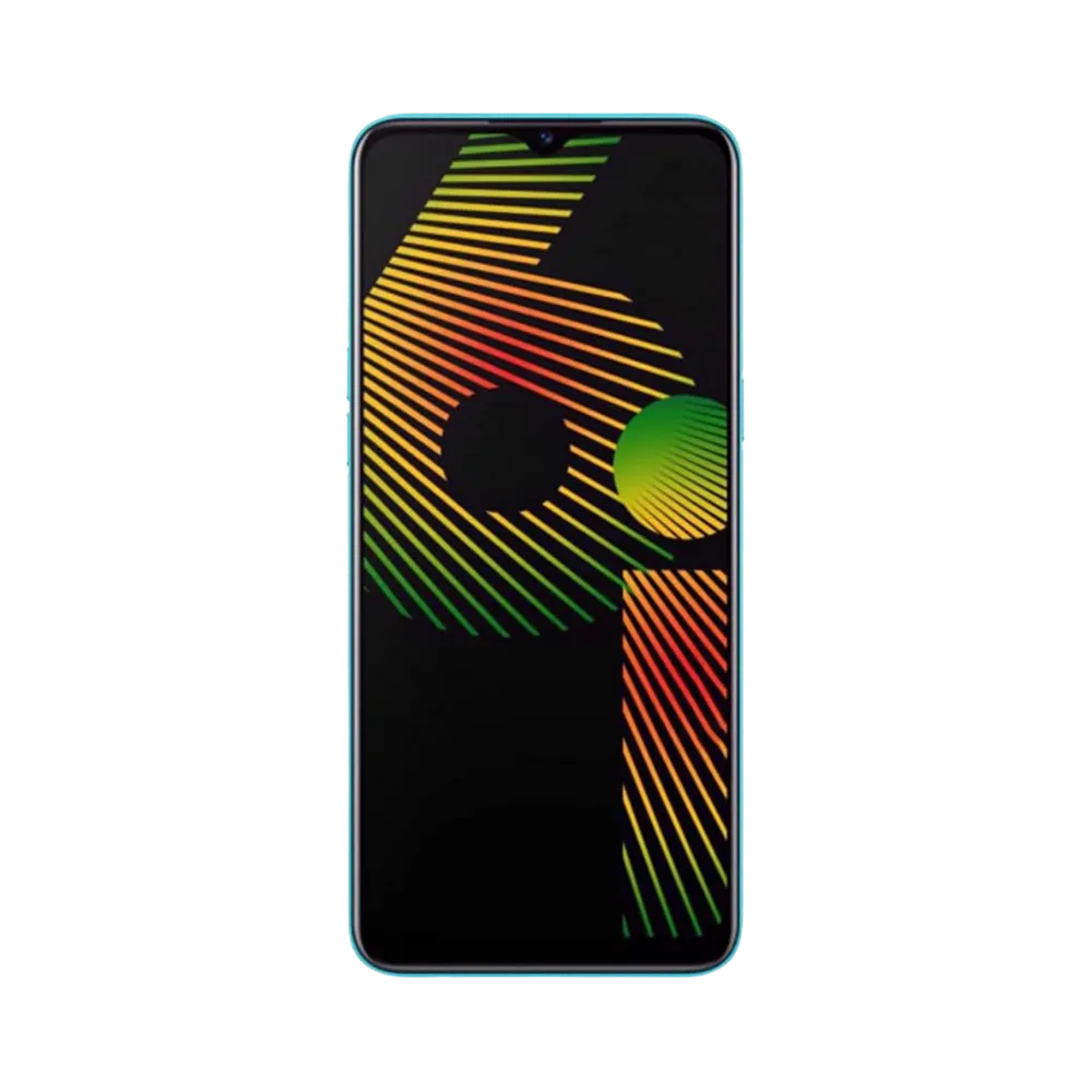 Réparation Realme 6i iTelier Lyon – téléphone présenté de face en position verticale, écran allumé avec fond noir et visuel coloré en forme de 6, idéal pour réparation écran, diagnostic offert et changement batterie rapide.