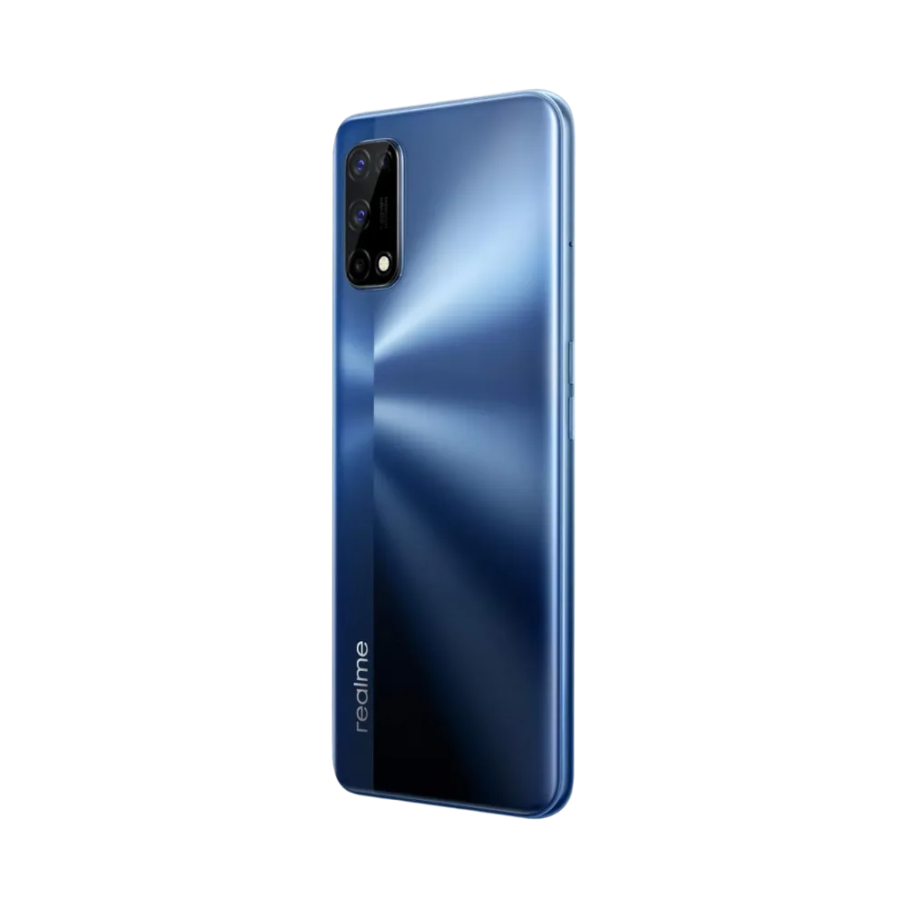 Réparation Realme 7 5G iTelier Lyon – smartphone montré de dos en position verticale, coloris bleu brillant avec module photo rectangulaire à quatre capteurs, optimisé pour réparation vitre arrière, caméra et batterie.