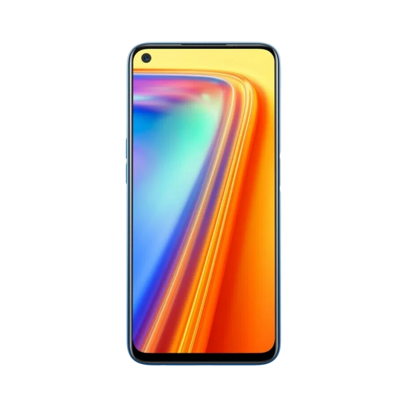 Réparation Realme 7 iTelier Lyon – téléphone présenté de face en position verticale, écran allumé avec fond coloré jaune, rouge et violet, idéal pour réparation écran, diagnostic offert et changement batterie rapide.