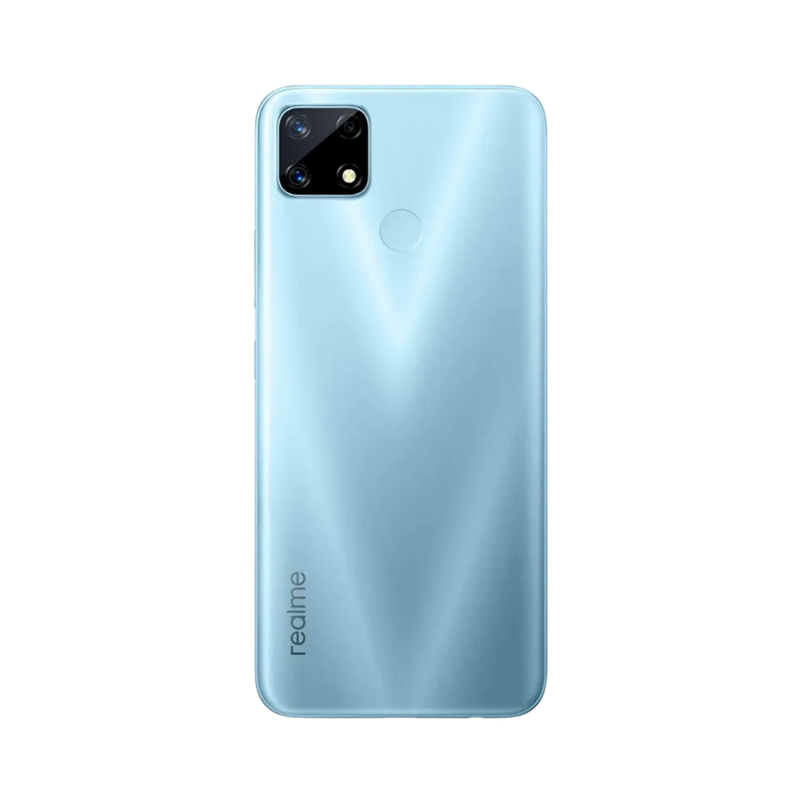 Réparation Realme 7i iTelier Lyon – smartphone montré de dos en position verticale, coloris bleu clair nacré avec module photo carré à trois capteurs, optimisé pour réparation vitre arrière, caméra et batterie.