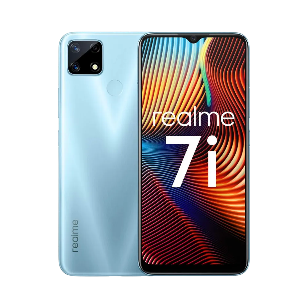 Réparation Realme 7i iTelier Lyon – smartphone affiché avec écran avant allumé en position verticale et dos bleu clair à reflets visibles à gauche, optimisé pour remplacement écran, batterie et diagnostic gratuit en boutique.