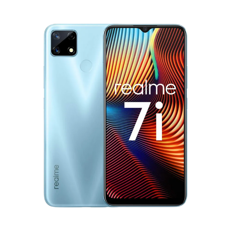Réparation Realme 7i iTelier Lyon – smartphone affiché avec écran avant allumé en position verticale et dos bleu clair à reflets visibles à gauche, optimisé pour remplacement écran, batterie et diagnostic gratuit en boutique.