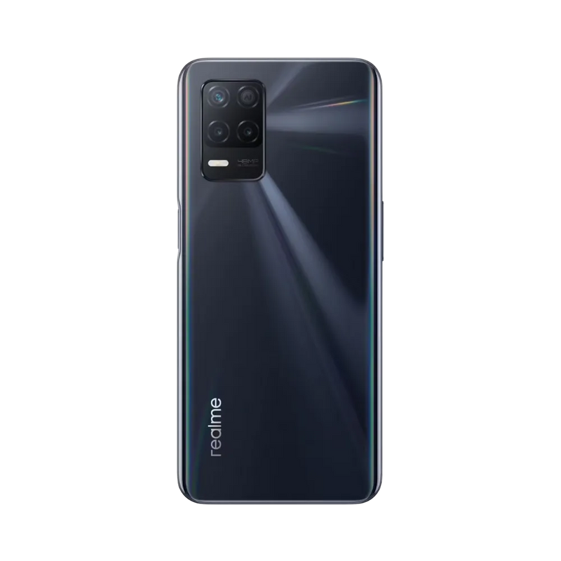 Réparation Realme 8 5G iTelier Lyon – smartphone montré de dos en position verticale, coloris noir brillant avec module photo rectangulaire à trois capteurs, optimisé pour réparation vitre arrière, caméra et batterie.