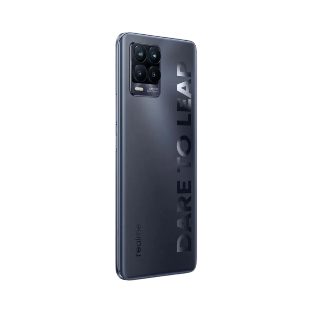 Réparation Realme 8 Pro iTelier Lyon – smartphone montré de dos en position verticale, coloris noir mat avec module photo carré à quatre capteurs, optimisé pour réparation vitre arrière, caméra et batterie.